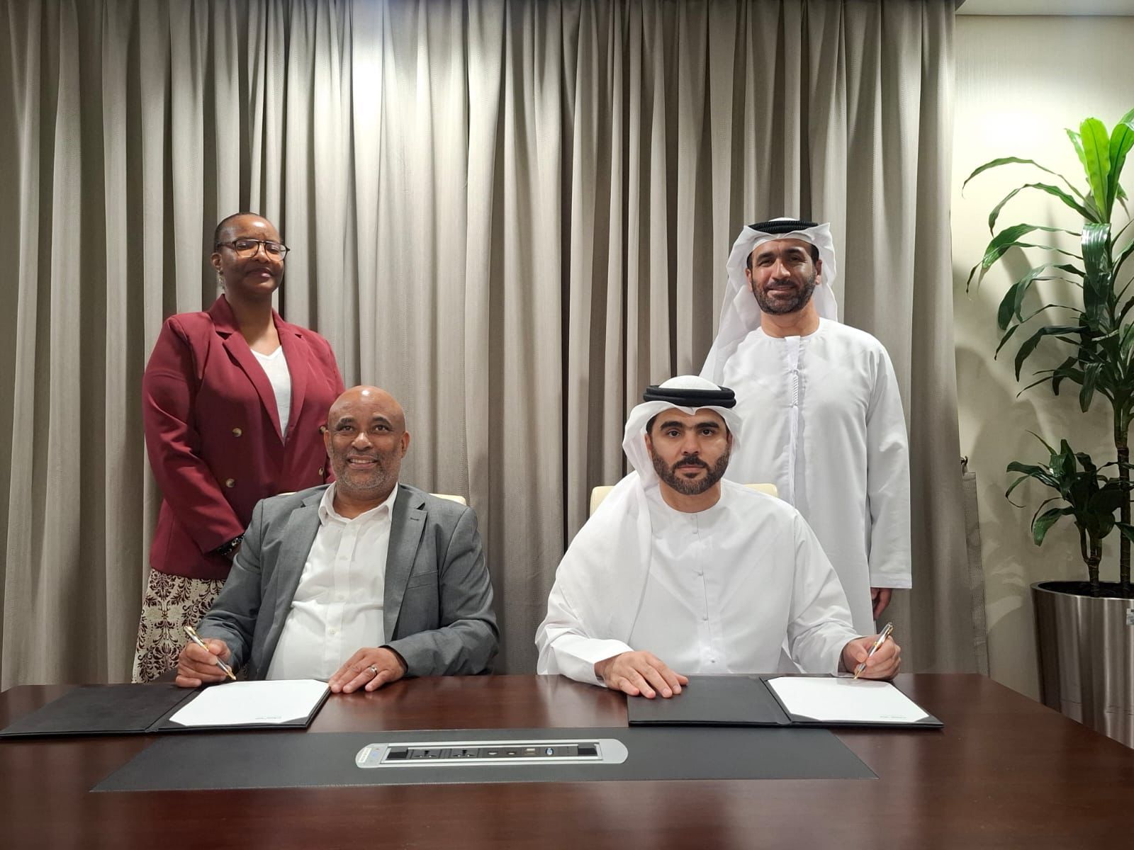 Seated (L-R): Jeoffrey Matshoba, ATNS Head: Air Traffic Services Safety and Efficiency Management and Khalid Al Jabir, dans Senior Vice President, Operations, Standing (L-R): Thandeka Mdebuka, ATNS Chief Governance, Risk and Compliance Officer and Ibrahim Ahli, dans Chief Executive Officer