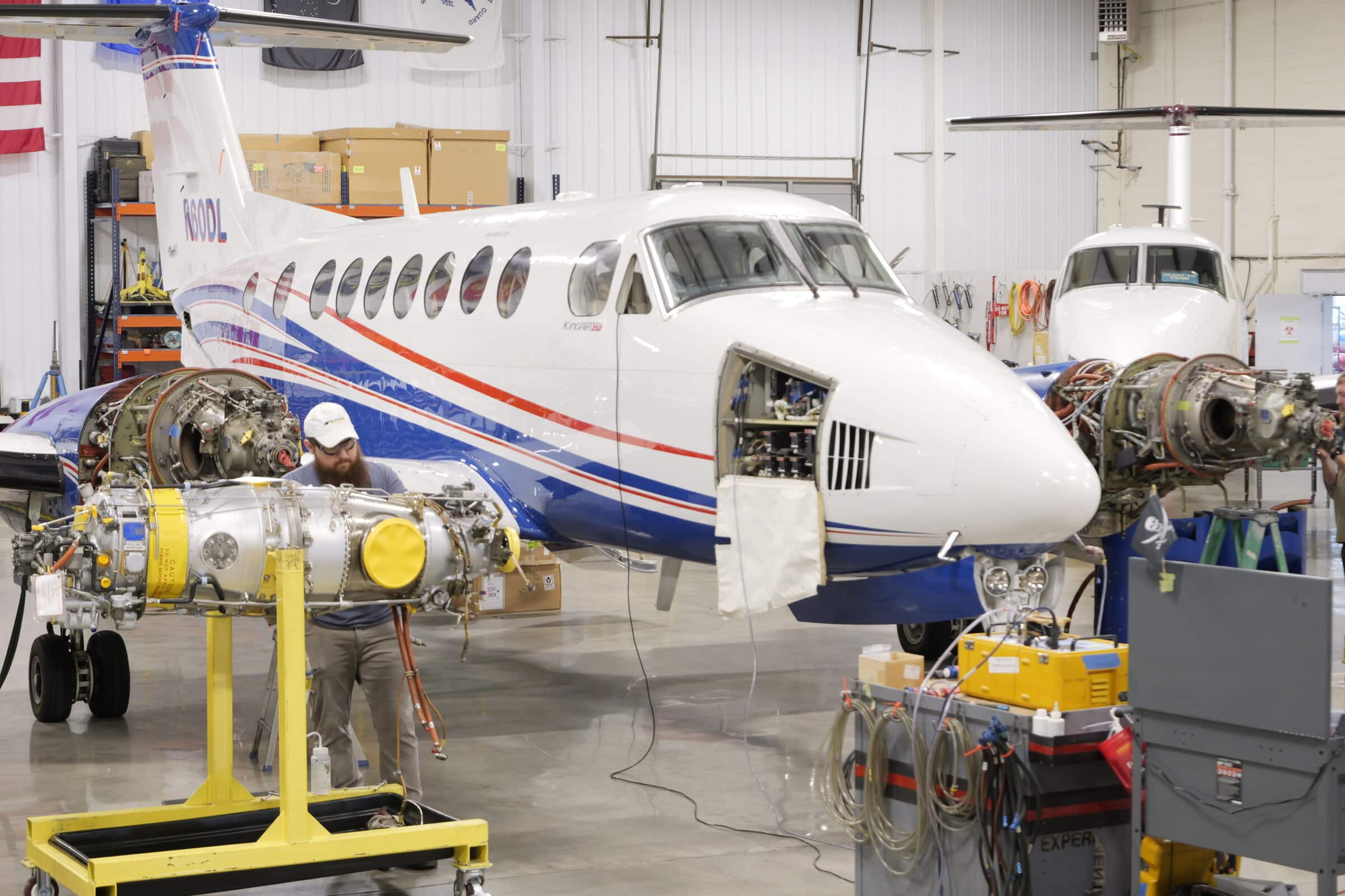 Blackhawk’s Performance Center at KCOU installing PT6A-67As on the King Air 350 testbed aircraft.