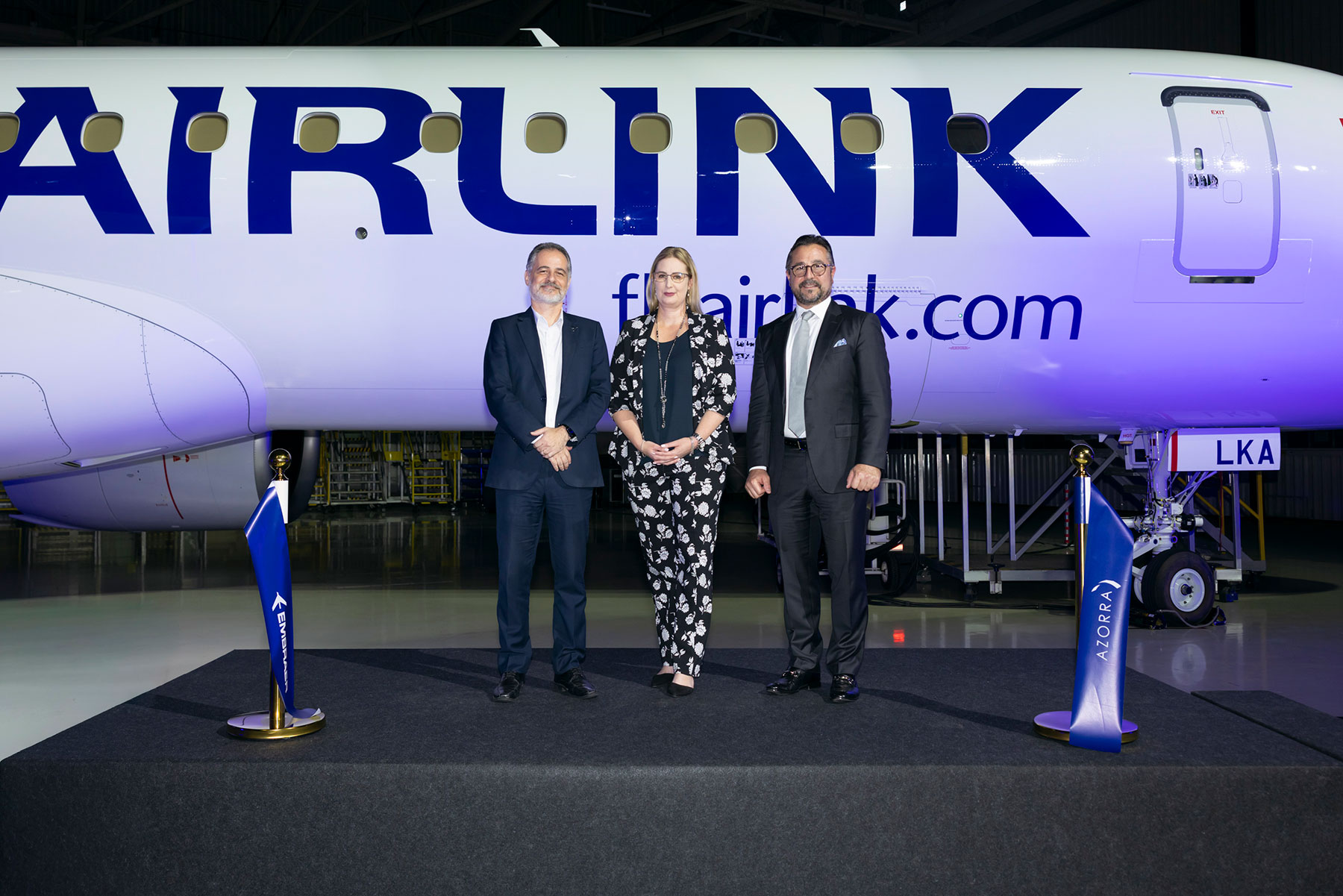 (L-R): Embraer President & CEO, Services & Support, Carlos Naufel; Airlink Chief Commercial Officer, Katherine Whelan; Azorra Chief Marketing Officer, Michael Davis