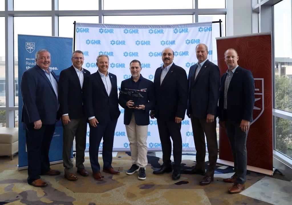 Pictured, L-R: Daniel Sweeza, GMR National President, Air Operations; Brian Tierney, GMR Chief Financial Officer; Ted Van Horne, GMR Chief Operating Officer; Nick Loporcaro, GMR President and CEO; Danny Maldonado, Bell Chief Commercial Officer; Lane Evans, Bell Managing Director of North America; Bobby Frey, Regional Sales Manager.