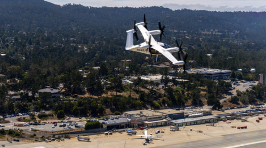 Joby's aircraft departs Marina (OAR) and lands at Monterey (MRY), making history as the first piloted eVTOL air taxi flight between two U.S. airports in FAA-controlled airspace.
