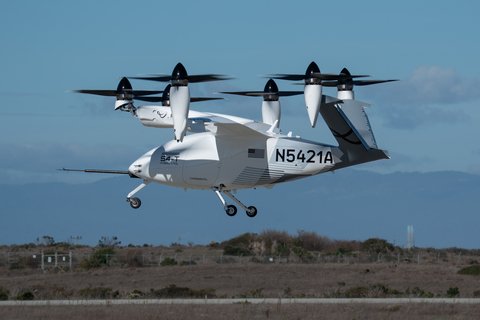 Joby’s turbine electric, autonomous VTOL aircraft takes its first flight in Marina, CA just three months after Joby announced the aircraft concept alongside a new partnership with L3Harris Technologies. Credit: Joby Aviation