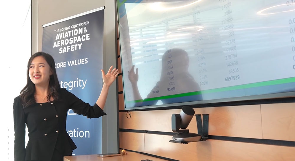 Sang-A Lee, an Aviation Ph.D. candidate and graduate research assistant at Embry-Riddle, briefs the research team about drone sightings and registration data. (Photo: Embry-Riddle/David Massey)