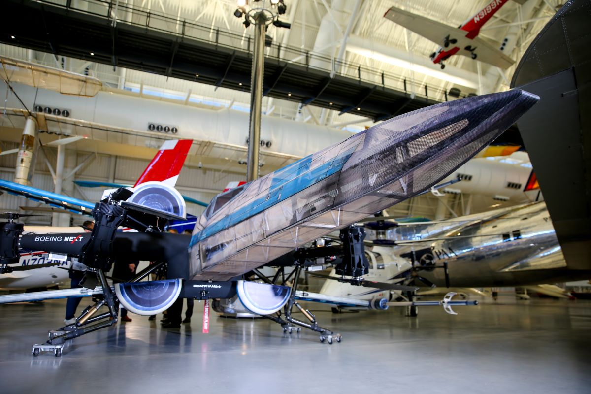 ALL DRESSED UP: Built with lightweight materials, this CAV measures 17.5 feet (5.33 meters) long, 20 feet (6.10 meters) wide and 5 feet (1.52 meters) tall. Before its transformation into an X-wing Starfighter, the CAV completed extensive indoor and outdoor flight testing. For nearly half of the more than 200 flight tests, the air vehicles were outfitted with the X-wing aeroshells. PHOTO: BOEING