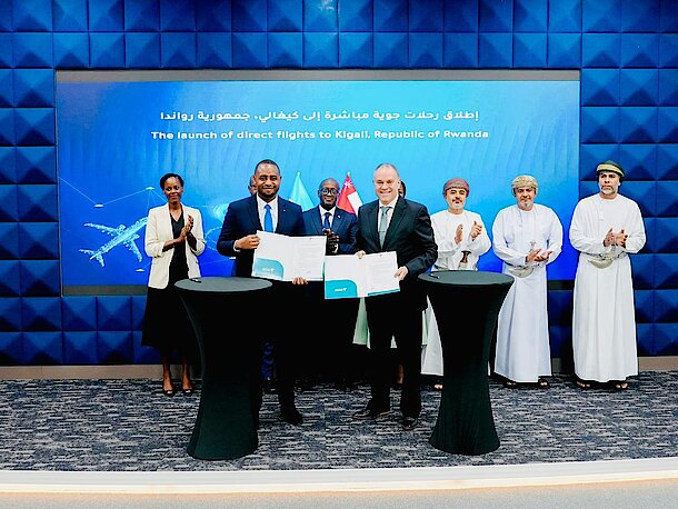 Amb. Uwihanganye Jean de Dieu, Rwanda’s Minister of State for Infrastructure, with Con Korfiatis, CEO of Oman Air, at the launch of direct flights to Kigali-strengthening air connectivity between Muscat and Kigali