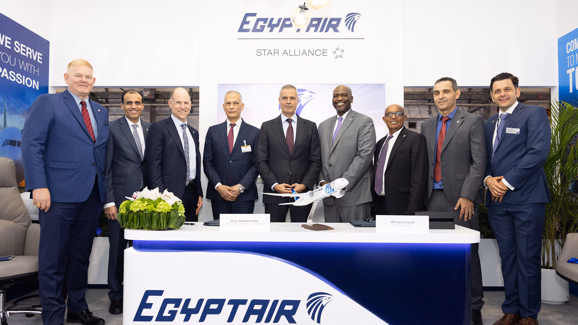 Representatives from EGYPTAIR MAINTENANCE & ENGINEERING and Boeing joined to celebrate a new agreement for Boeing Tailored Parts Package services. Eng. Ibrahim Fathy, Chairman & CEO - EGYPTAIR MAINTENANCE & ENGINEERING (centre left) and William Ampofo, Sr. Vice President, Parts & Distribution and Supply Chain, Boeing Global Services (centre right) signed the agreement.