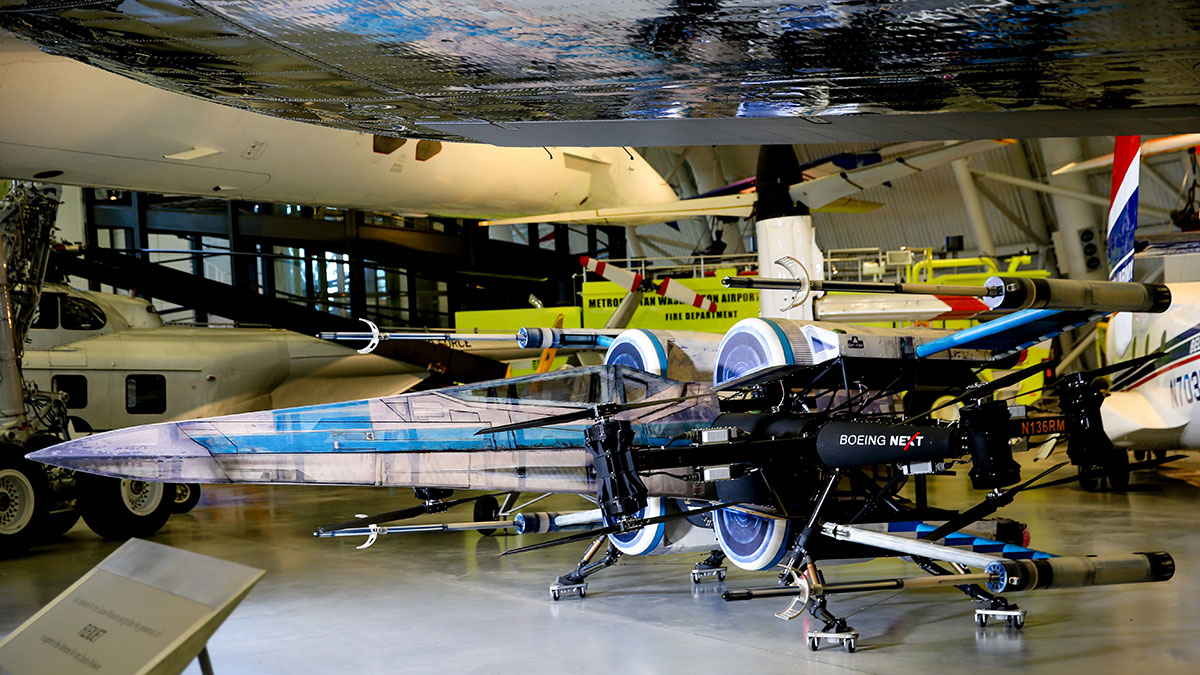 GALACTIC GIFT: Gifted by Boeing and The Walt Disney Co., one of the X-wing Starfighters appears on display at the National Air and Space Museum’s Steven F. Udvar-Hazy Center in Chantilly, Virginia. PHOTO: BOEING