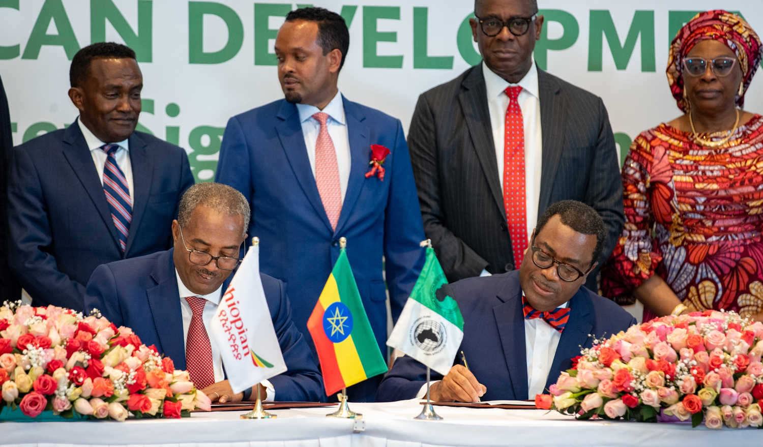 Ethiopian Airlines Group Chief Commercial Officer Lemma Yadecha and African Development Bank Group President, Dr. Akinwumi Adesina, sign a Mandated Lead Arranger agreement authorising the Bank to mobilise up to $8 billion in financing for the new Bishoftu International Airport. Supplied - African Development Bank