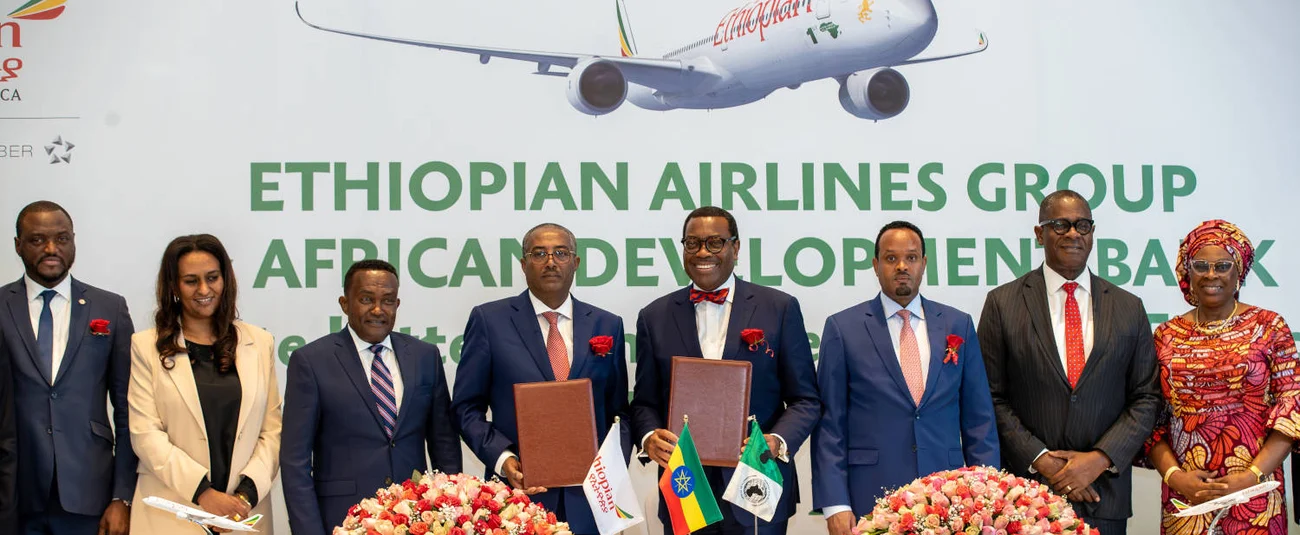 Ethiopian Airlines Chief Commercial Officer, Lemma Yadecha (4th from L) and African Development Bank Group President, Dr. Akinwumi Adesina (4th from R), hold the signed mandate letter designating the Bank as mandated lead arranger for the Bishoftu International Airport in Ethiopia, set to be Africa’s largest airport by 2029. Supplied - African Development Bank