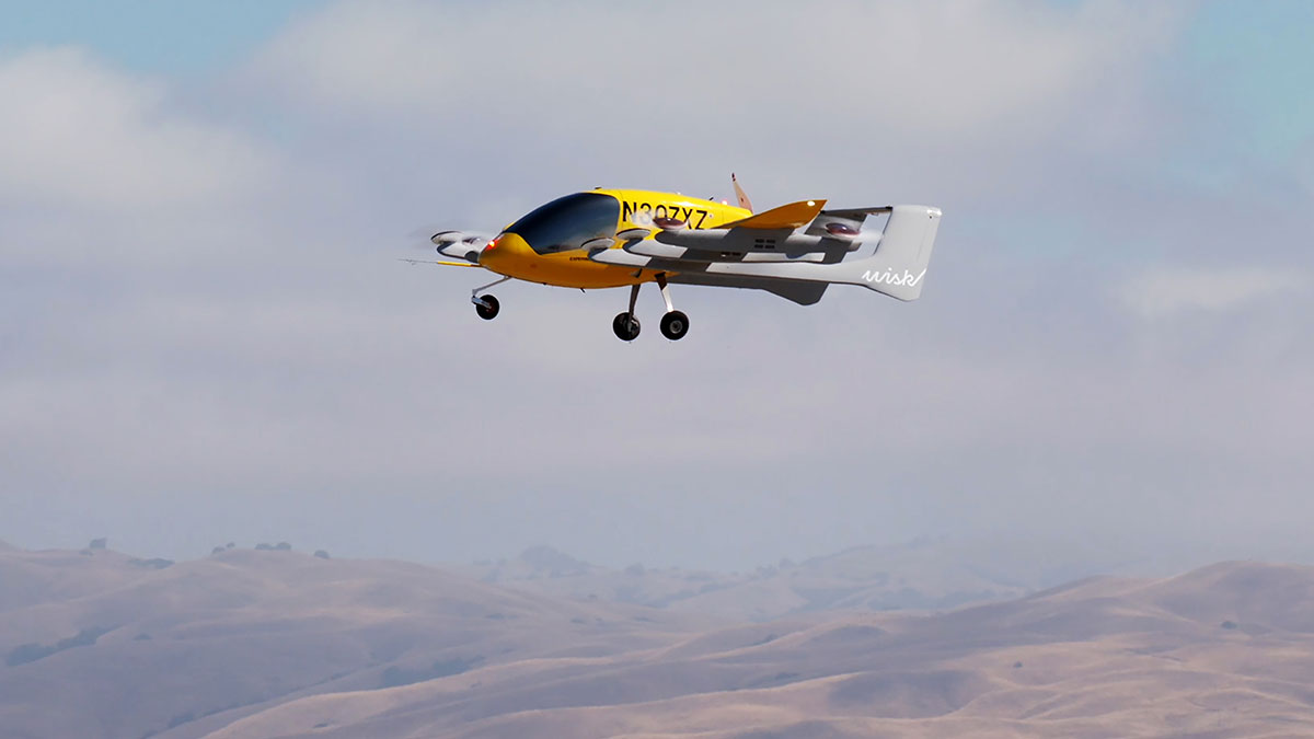 FLYING FORWARD: Wisk’s Generation 5 autonomous air taxi, also known as Cora, performs a flight test in Hollister, California. PHOTO: WISK